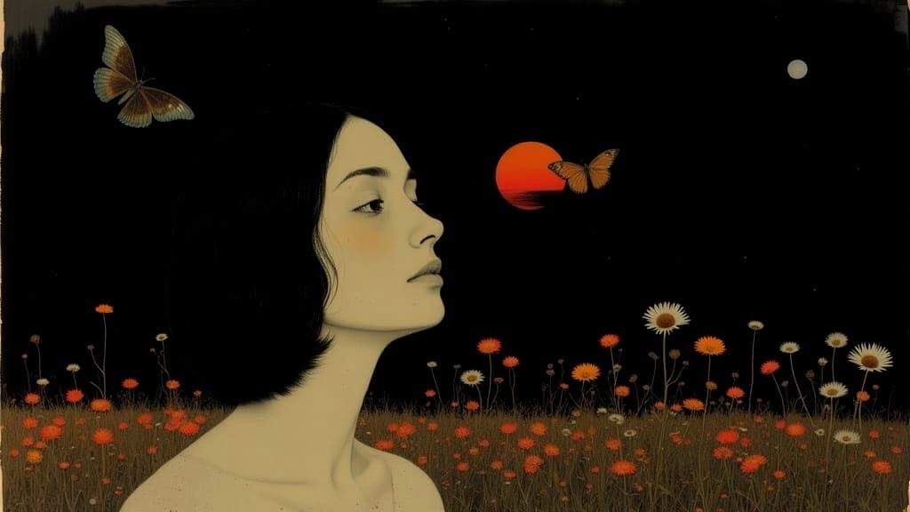 Surreal Country Scene with Midnight Sun and Wildflowers