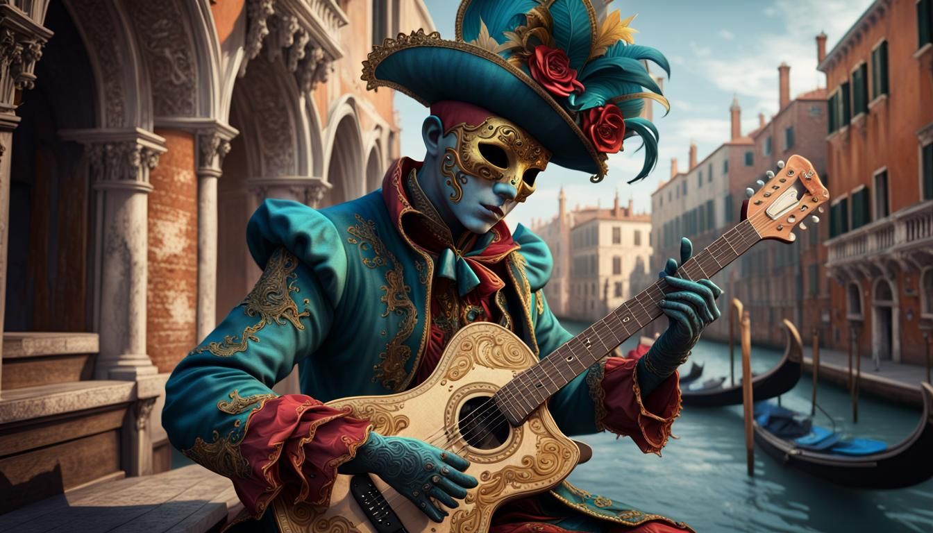 Venice Carnival Guitar Player: Detailed Digital Painting