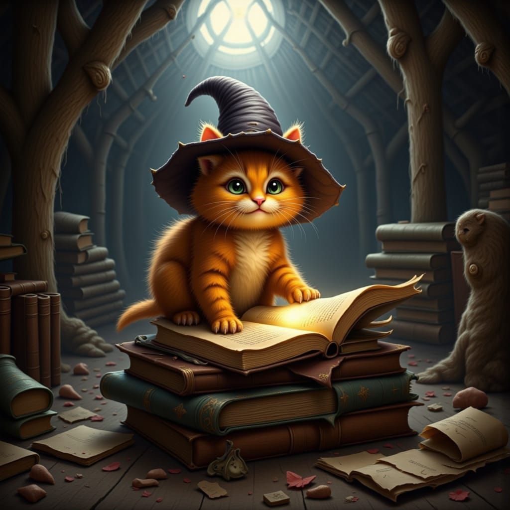 Happy Ginger Kitten Reads Glowing Rune in Attic