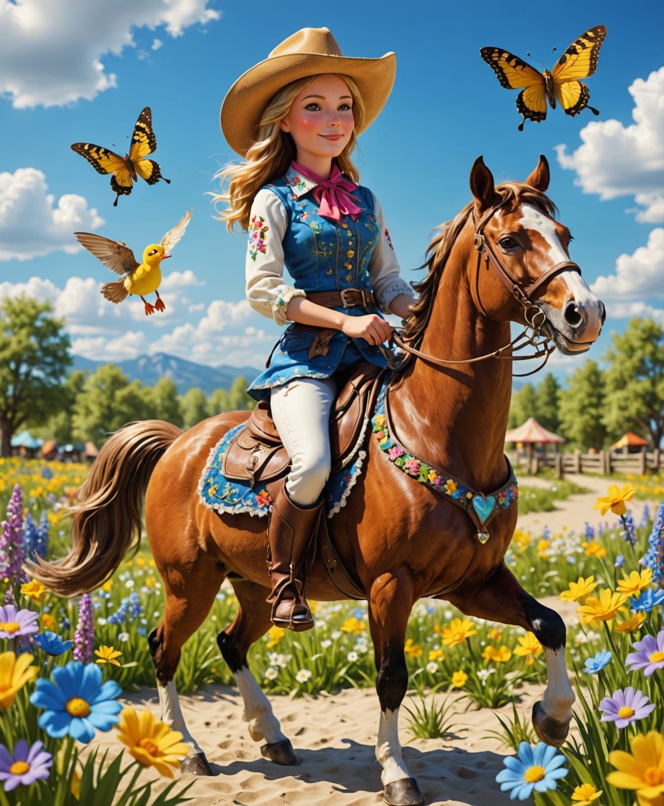Cowgirl on Horseback at Beach in 3D