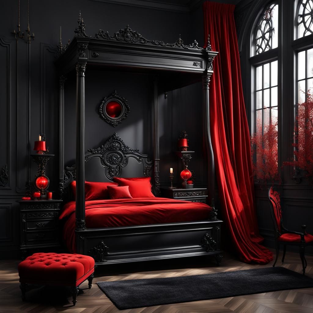 Gothic Bedroom With Black Bed and Stormy View