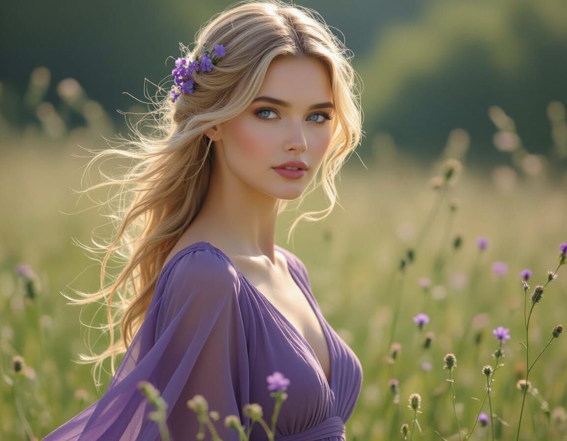 Ethereal Woman in Meadow: Dreamy Art Style