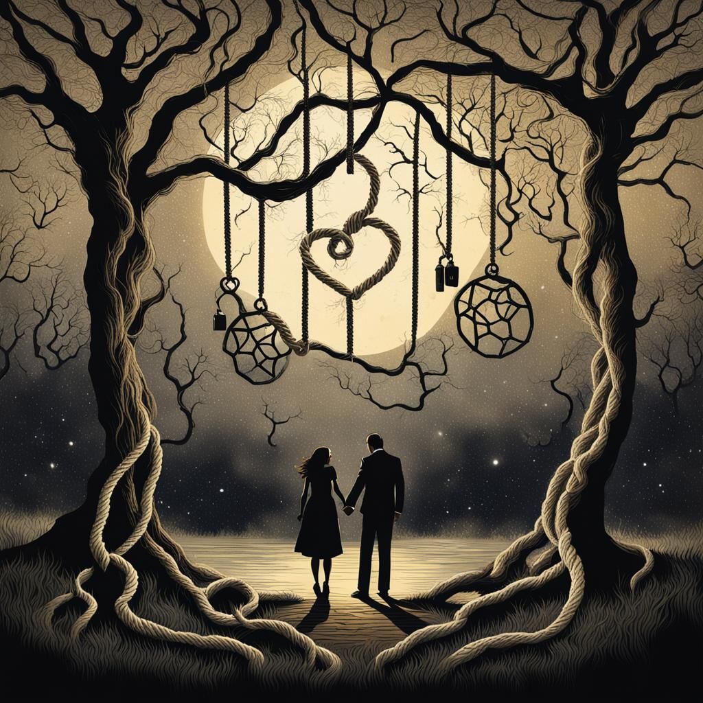 Lovers Holding Hands at Midnight Under Mystic Tree