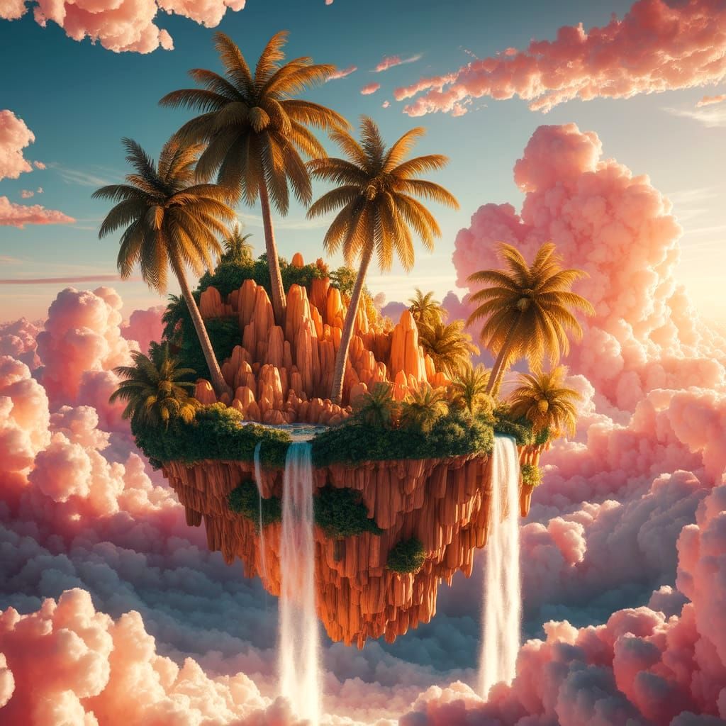 Majestic Floating Island with Waterfalls in Radiant Sunlight