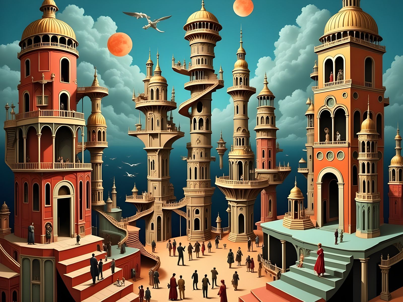 Surreal Escher-like Tower with Impossible Architecture