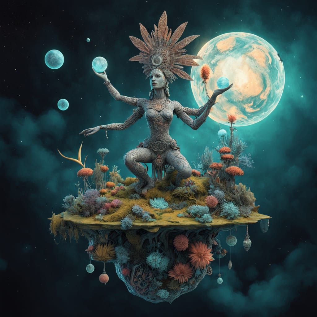 Mystical Shaman on Floating Island in Expressionist Style