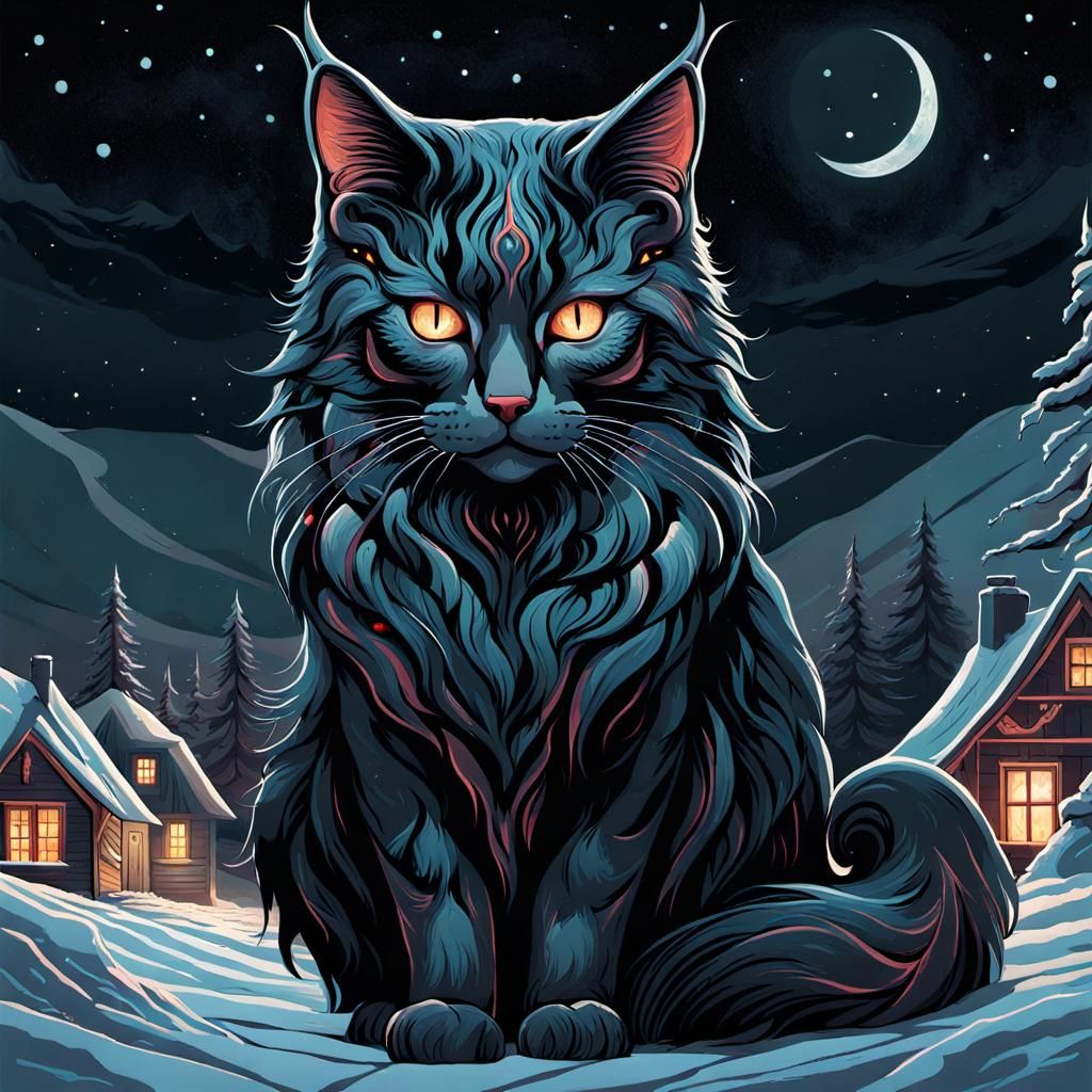Ominous Yule Cat in Icelandic Folklore Style
