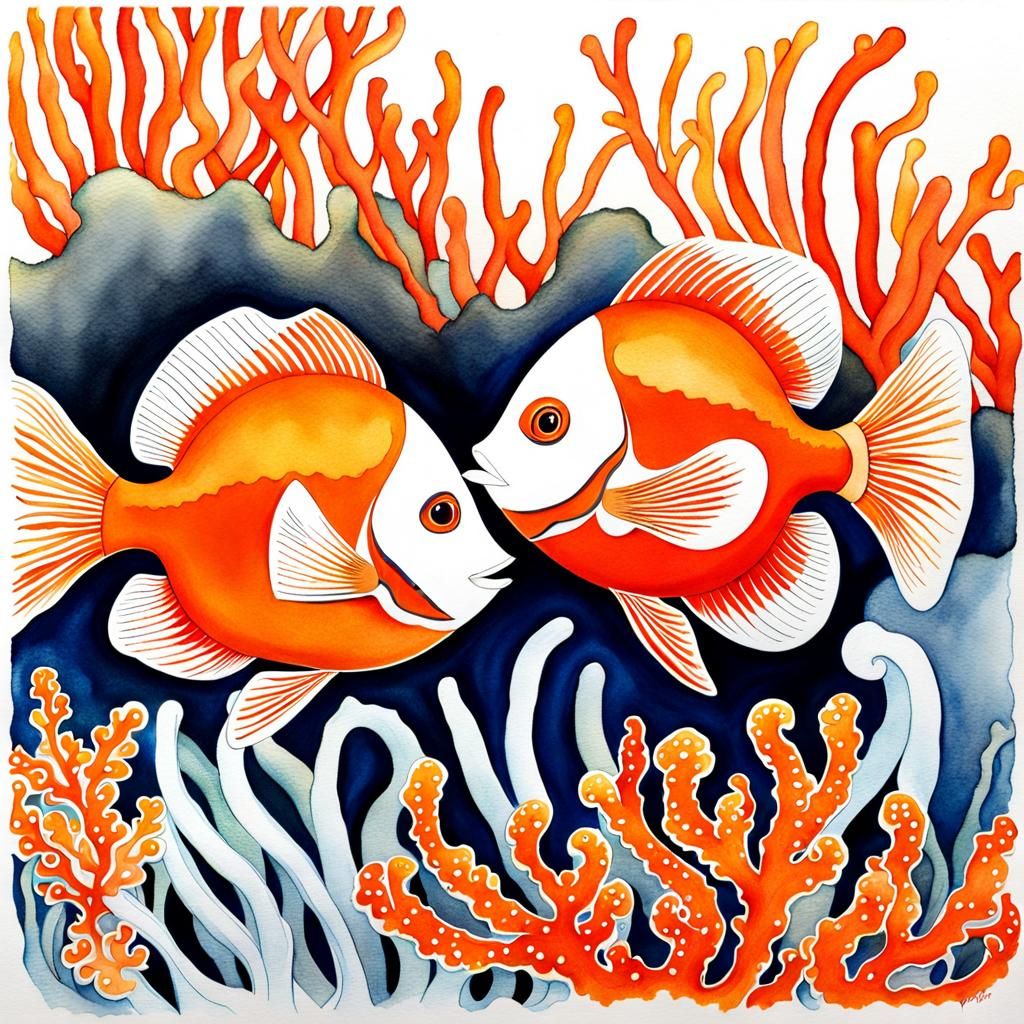 Kissing Clownfish Amidst Orange Coral, Watercolor Style