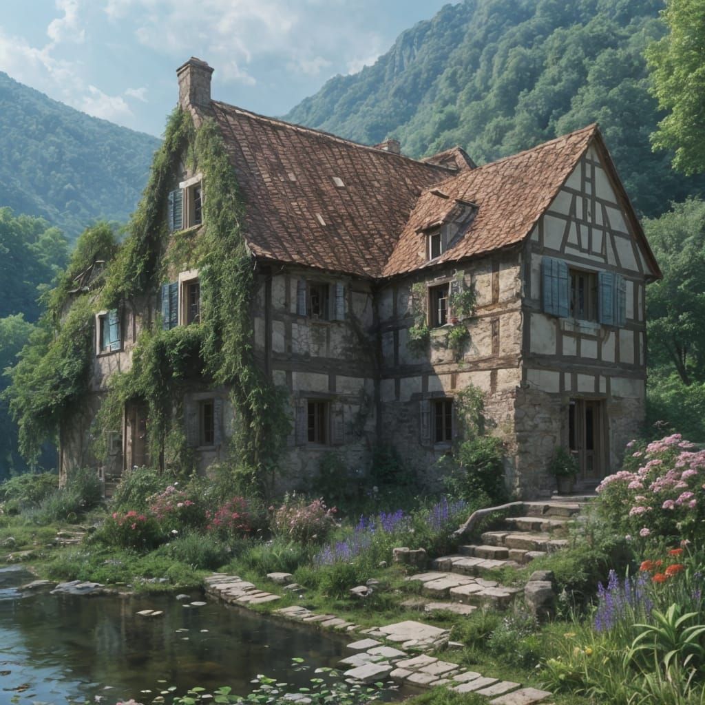 An old and dilapidated two-story manor on a riverside in Fra...