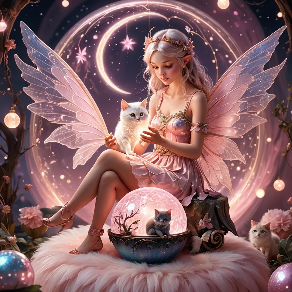 Pink Fairy on Magical Ball with Mini Cat