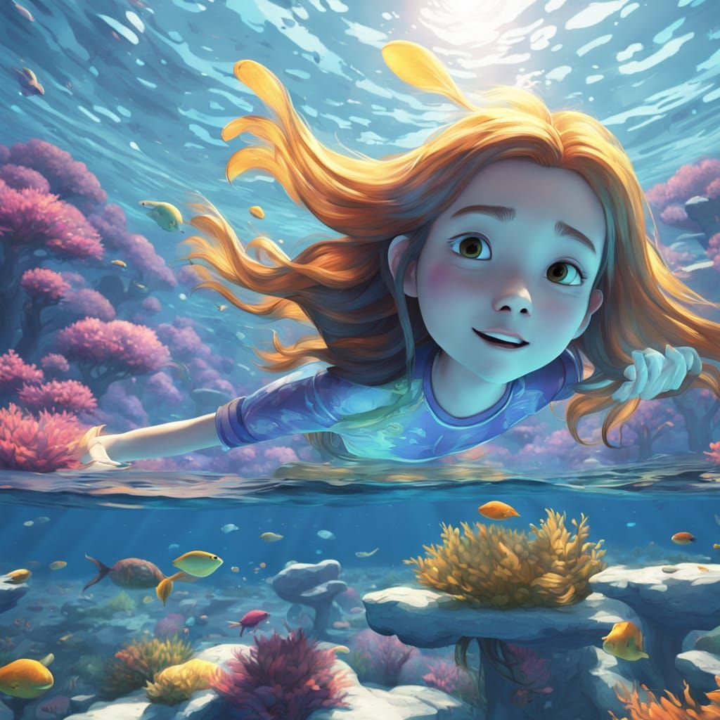 Dreamlike Cartoon Woman Dives into Sunny Pool