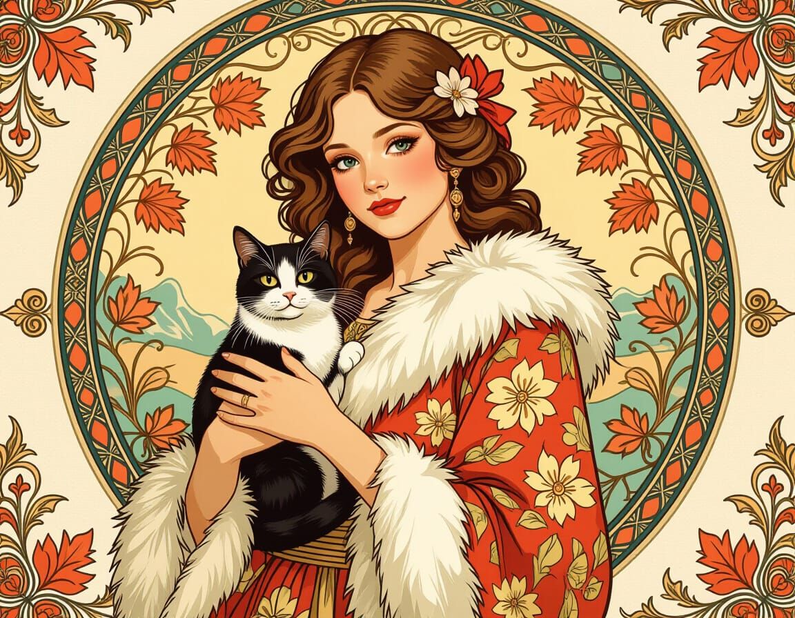 Autumn Woman with Cat in Art Nouveau Style