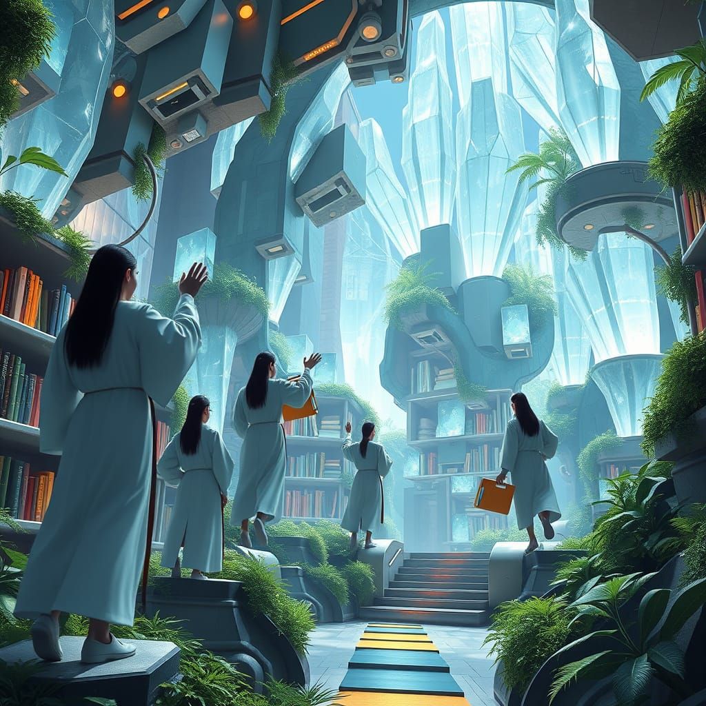 Futuristic Library with Glowing Crystals, Quintel-Hillenburg...
