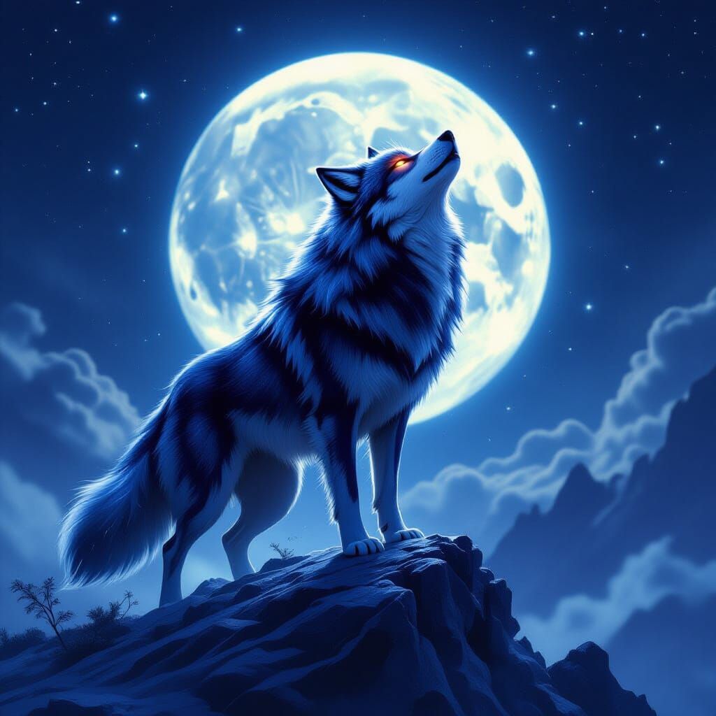 Celestial Wolf Howling at Galaxy on Moonlit Peak