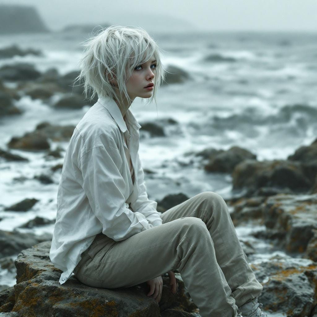 Albino Woman Gazing at Sea, Hyperrealistic Digital Art