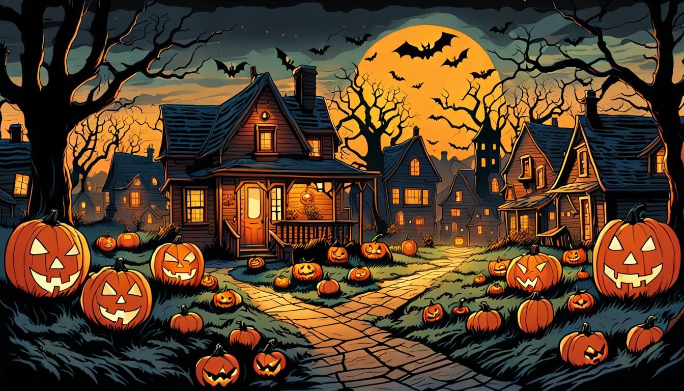 Halloween Village at Dusk: Comic Book Art