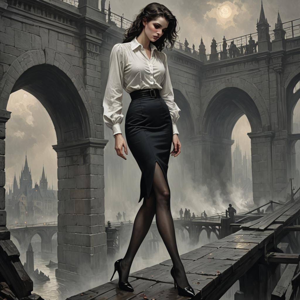 Femme Fatale on Bridge in Horror Illustration Style