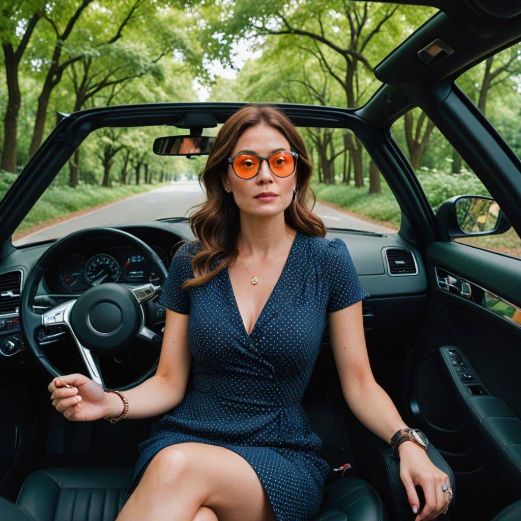 Busty Woman in Polka Dot Dress Driving Car