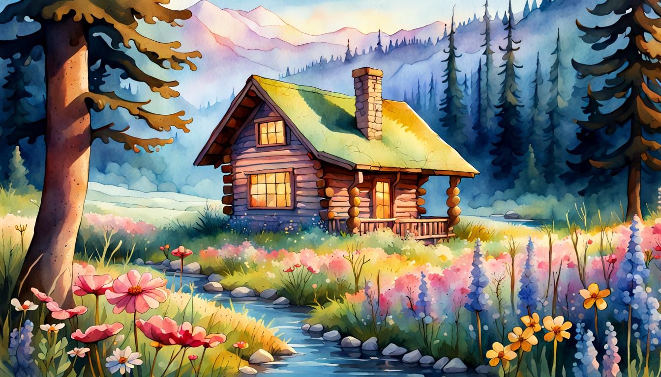 Flower Meadow Log Cabin in Watercolor Style
