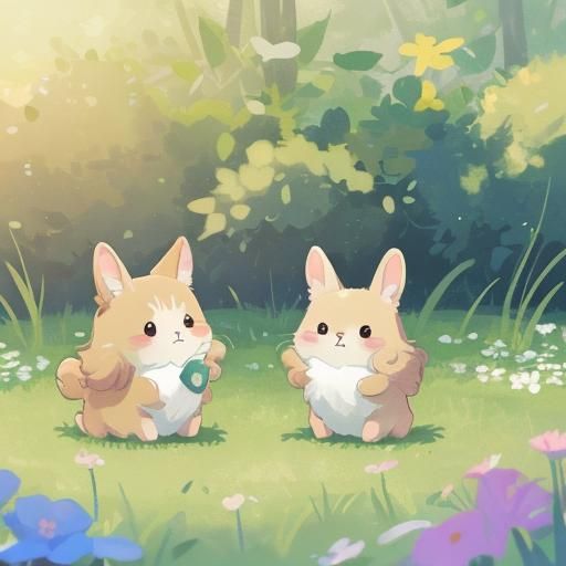 Adorable Bunnies Play in Lush Meadow: 3D Anime Art