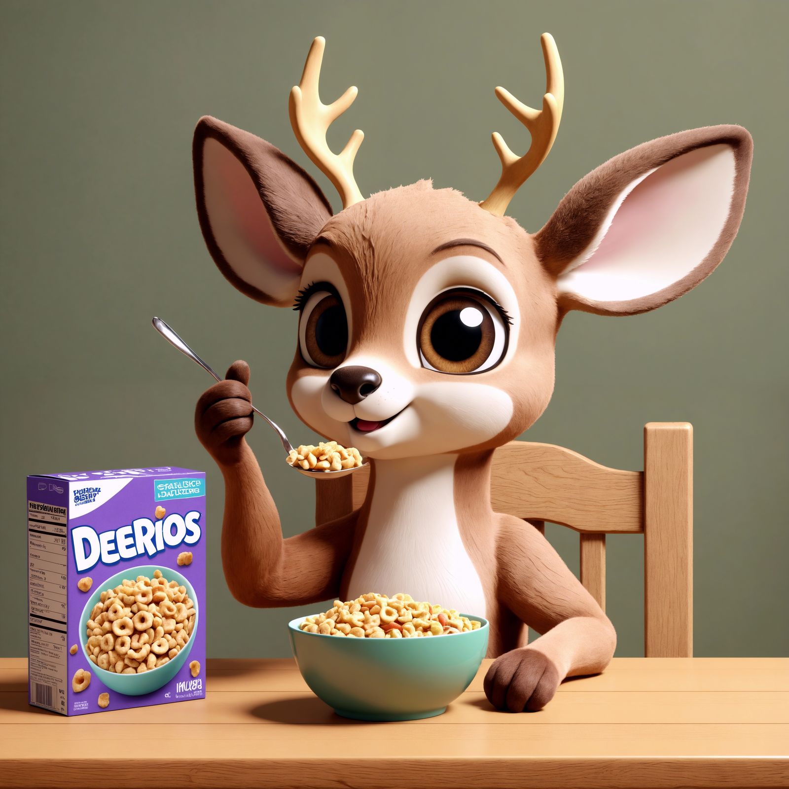 Cartoon Deer Enjoys Cereal Breakfast at Table