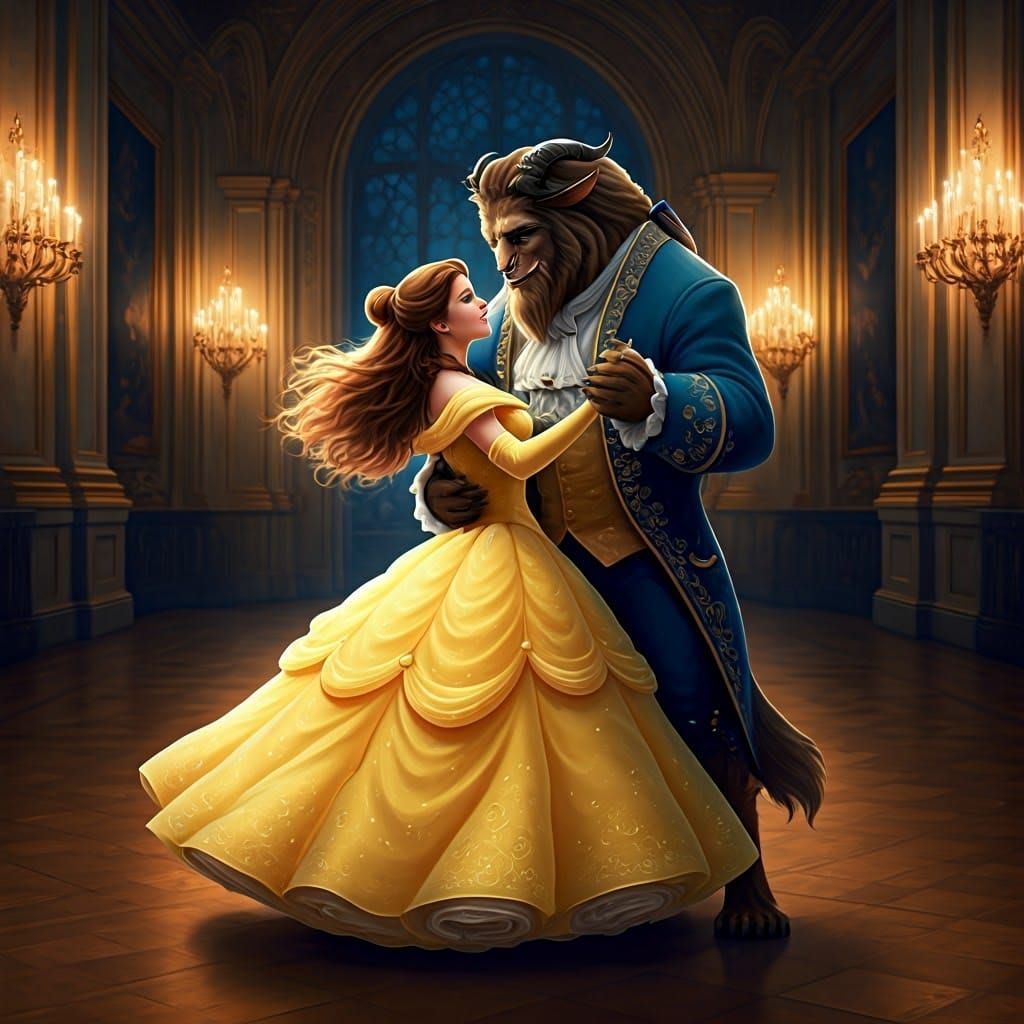 Belle and Beast's Enchanted Waltz in Golden Light