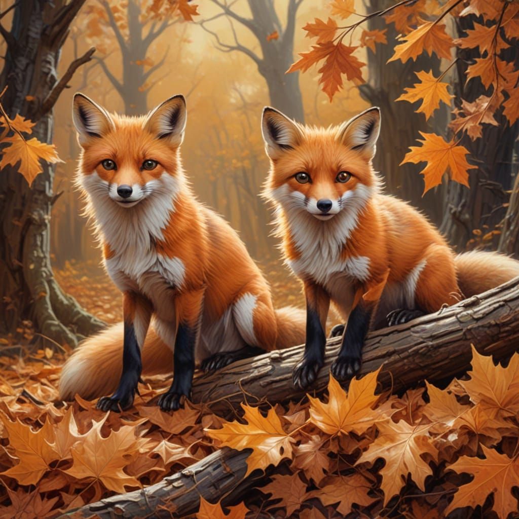 Autumn Foxes Play in Oak Leaves, Classic Oil Painting