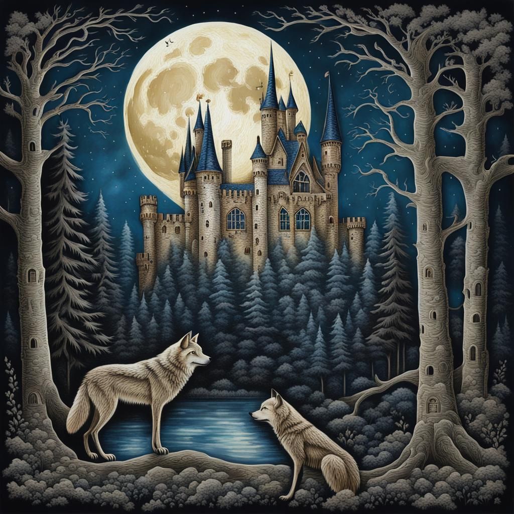 Gothic Castle Under Moonlight in Decoupage Style