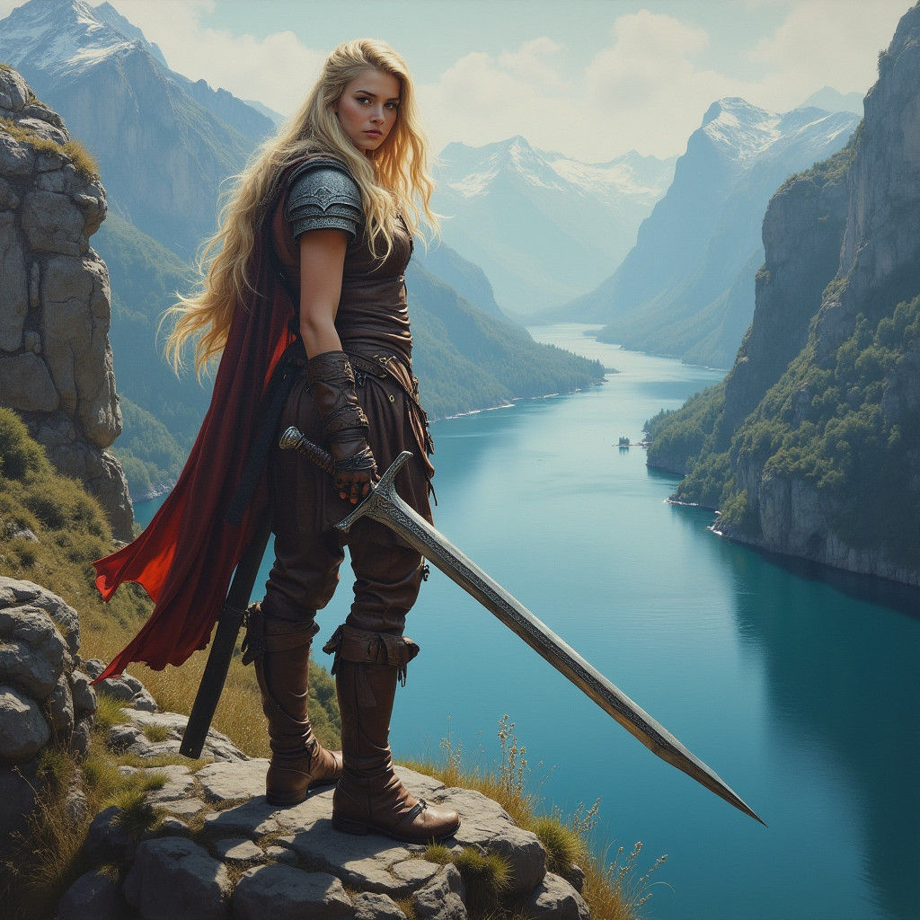 Viking Barbarian Woman Ready for Battle, Oil Painting