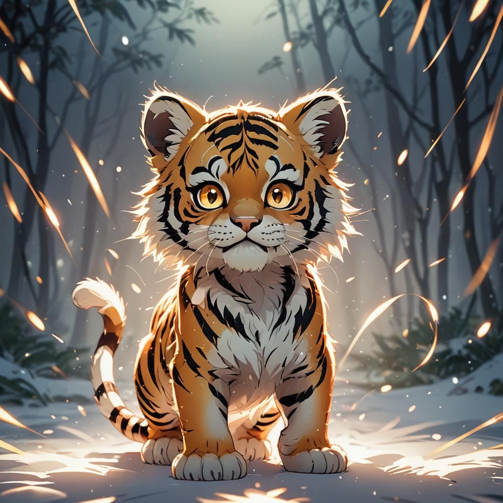 Chibi Tiger Surrounded by Soft, Golden Light