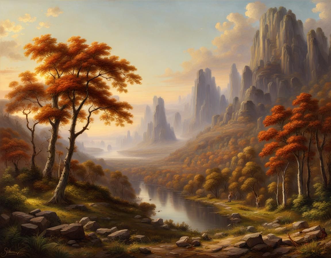 Autumn River Landscape in Hudson River School Style