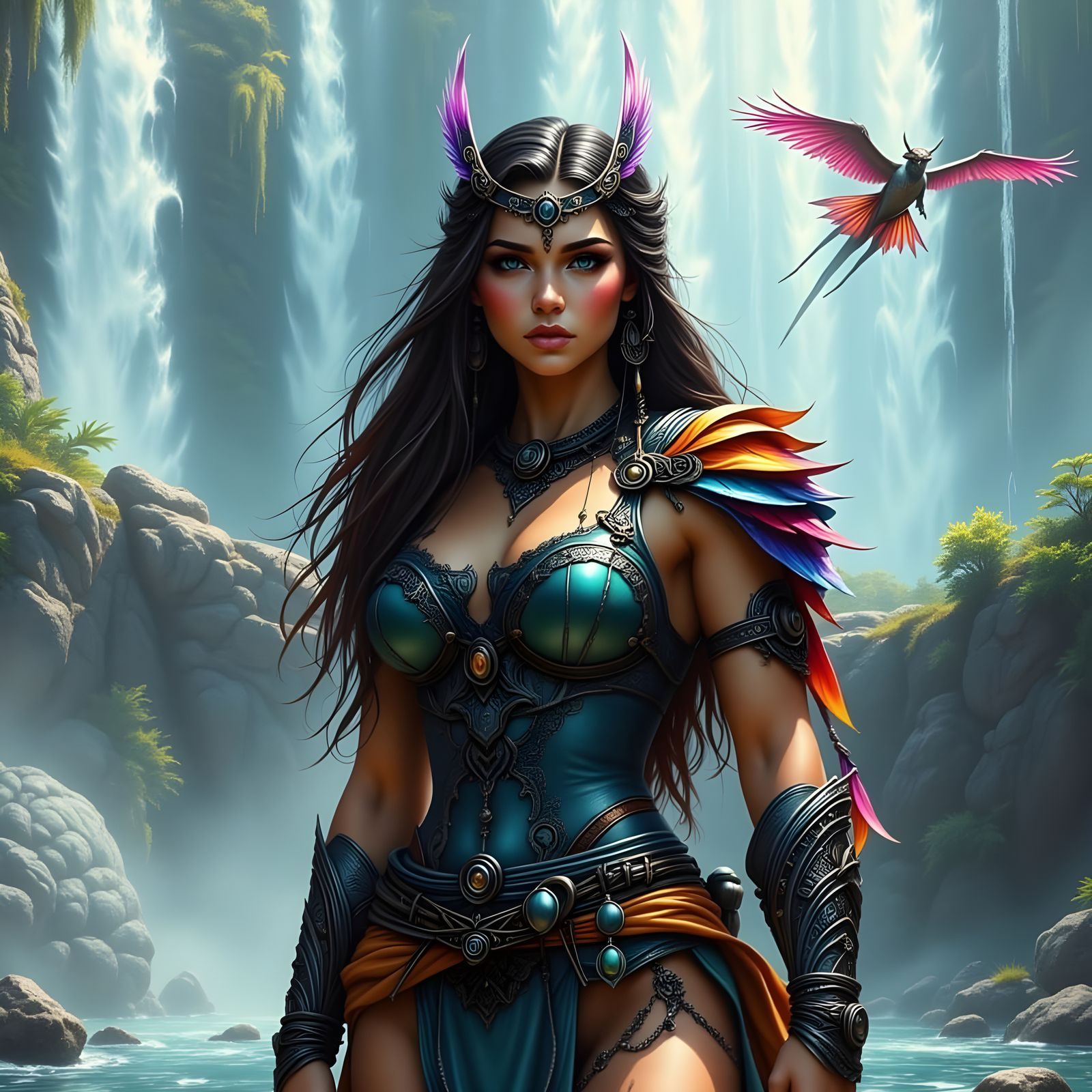 Amazon Warrior at Enchanted Waterfall in Fantasy Style