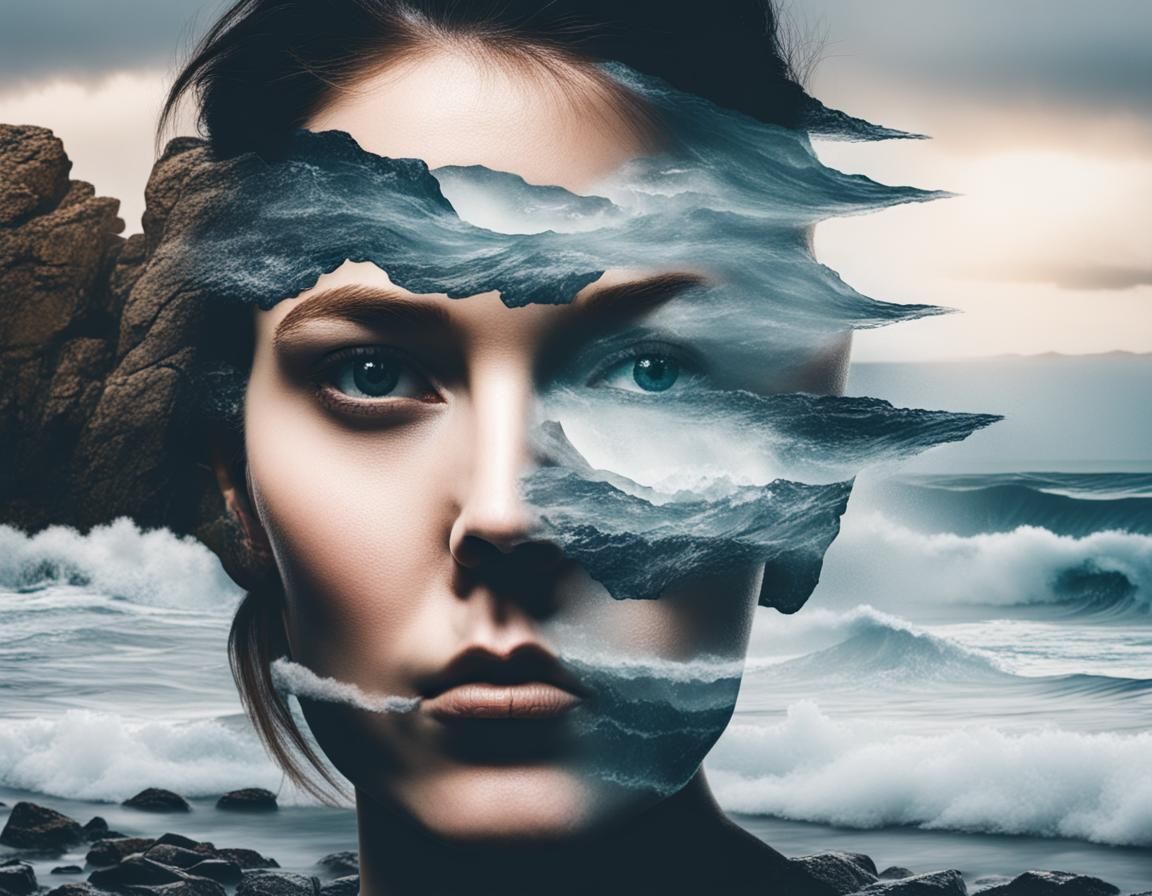 Surreal Double Exposure Face Over Waves