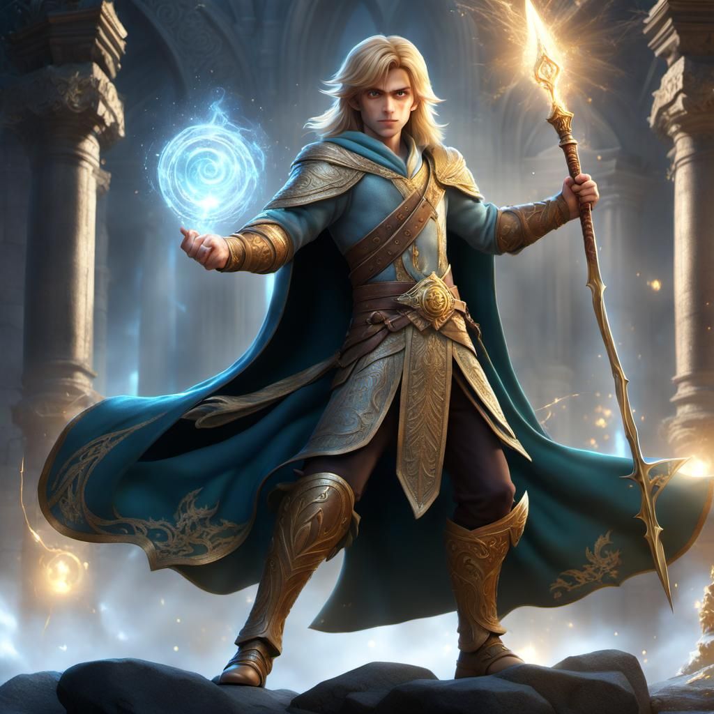 3D Mage Boy with Golden Magic in Fantasy Style