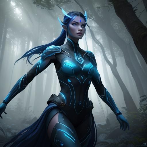 Biopunk Avatar Woman in Illuminated Forest