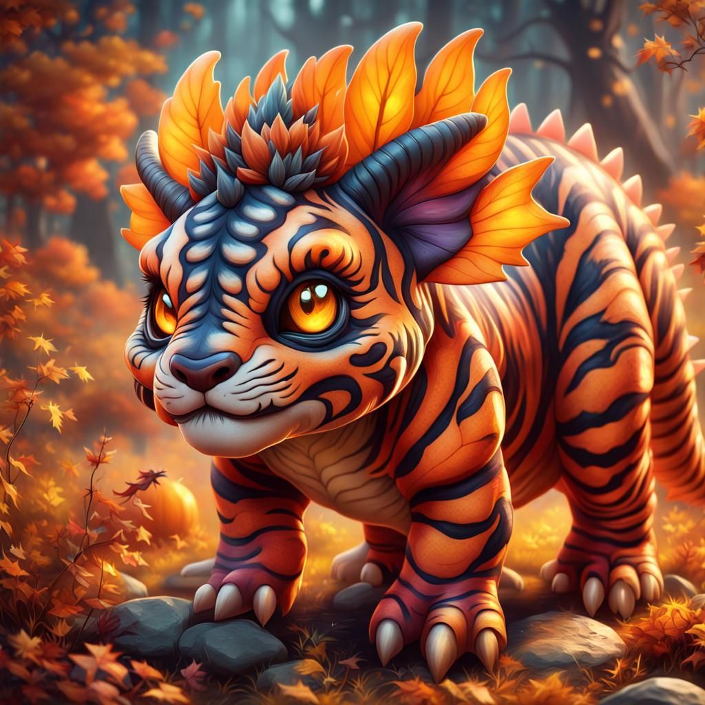 Halloween Tiger Triceratops in Autumn Airbrush Art