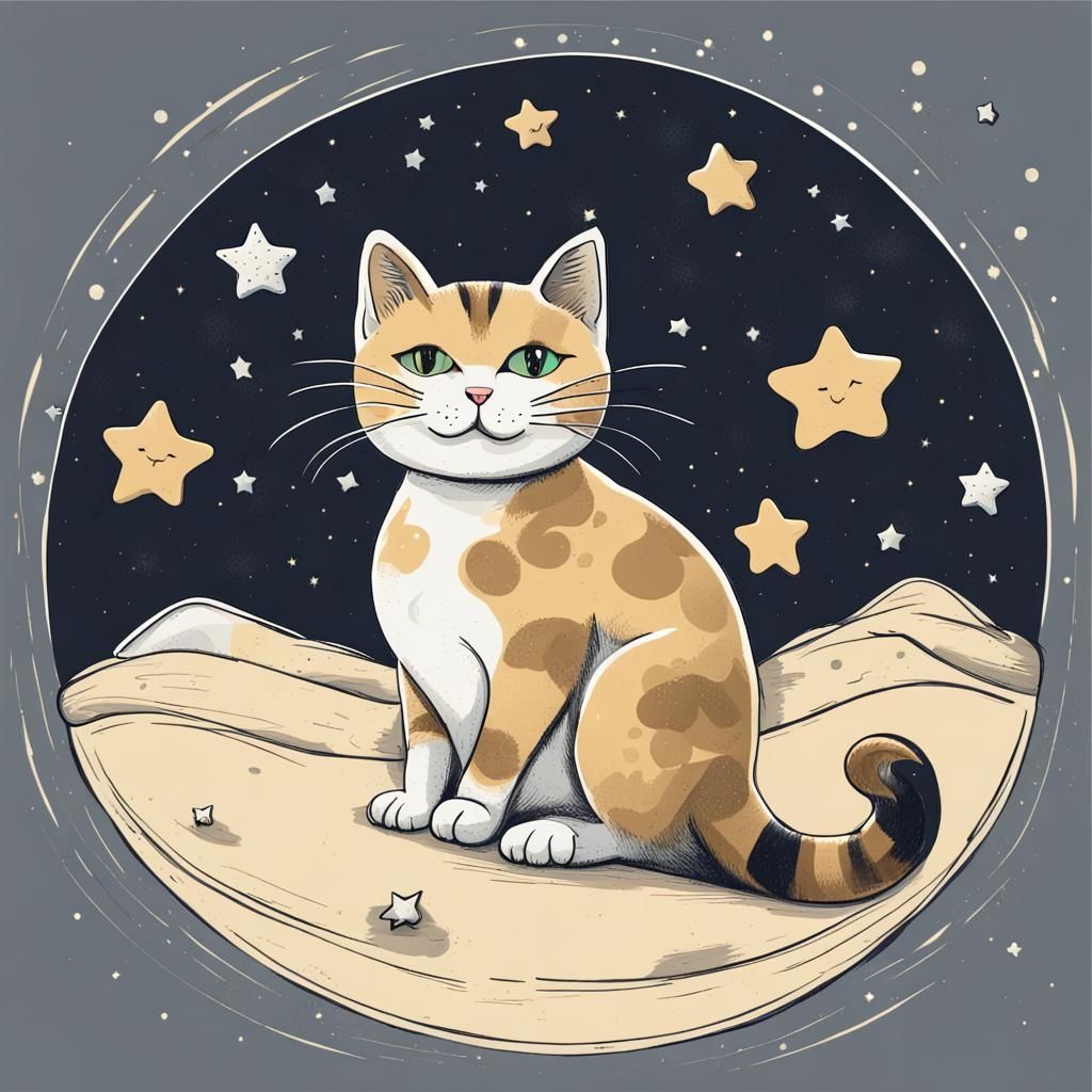 Cat on the Moon Surrounded by Stars