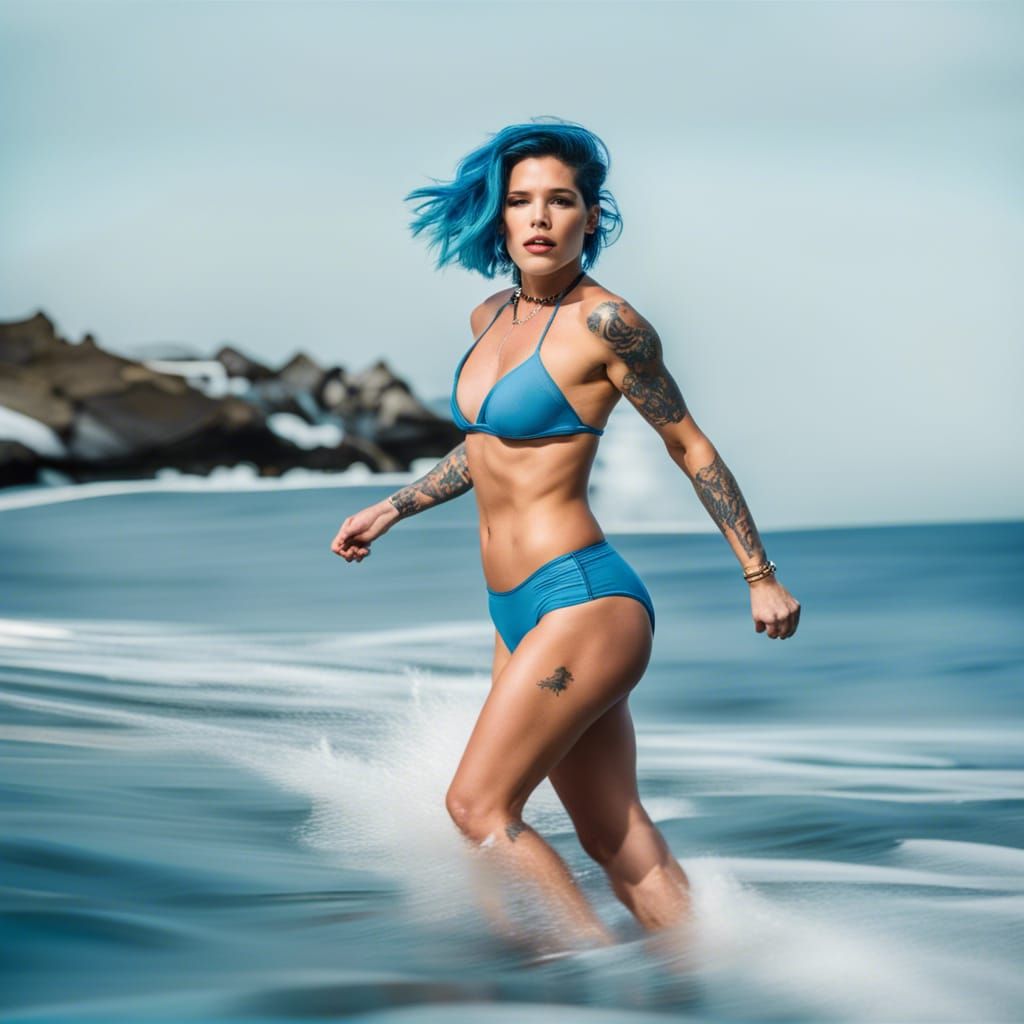 Halsey in Blue Bikini with Ocean Backdrop