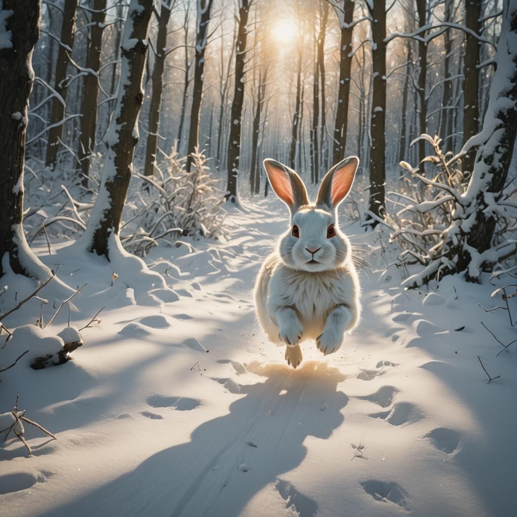 White Rabbit Hopping in Snowy Forest Clearing