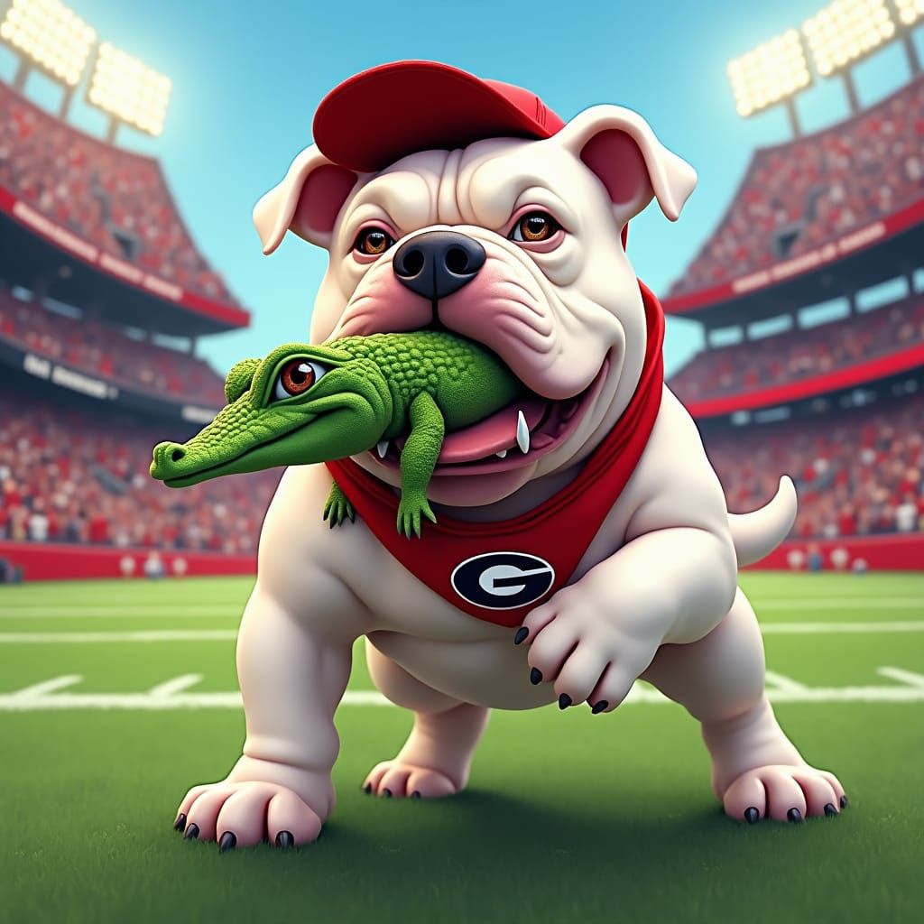 Bulldog Celebrates with Alligator Toy in Stadium