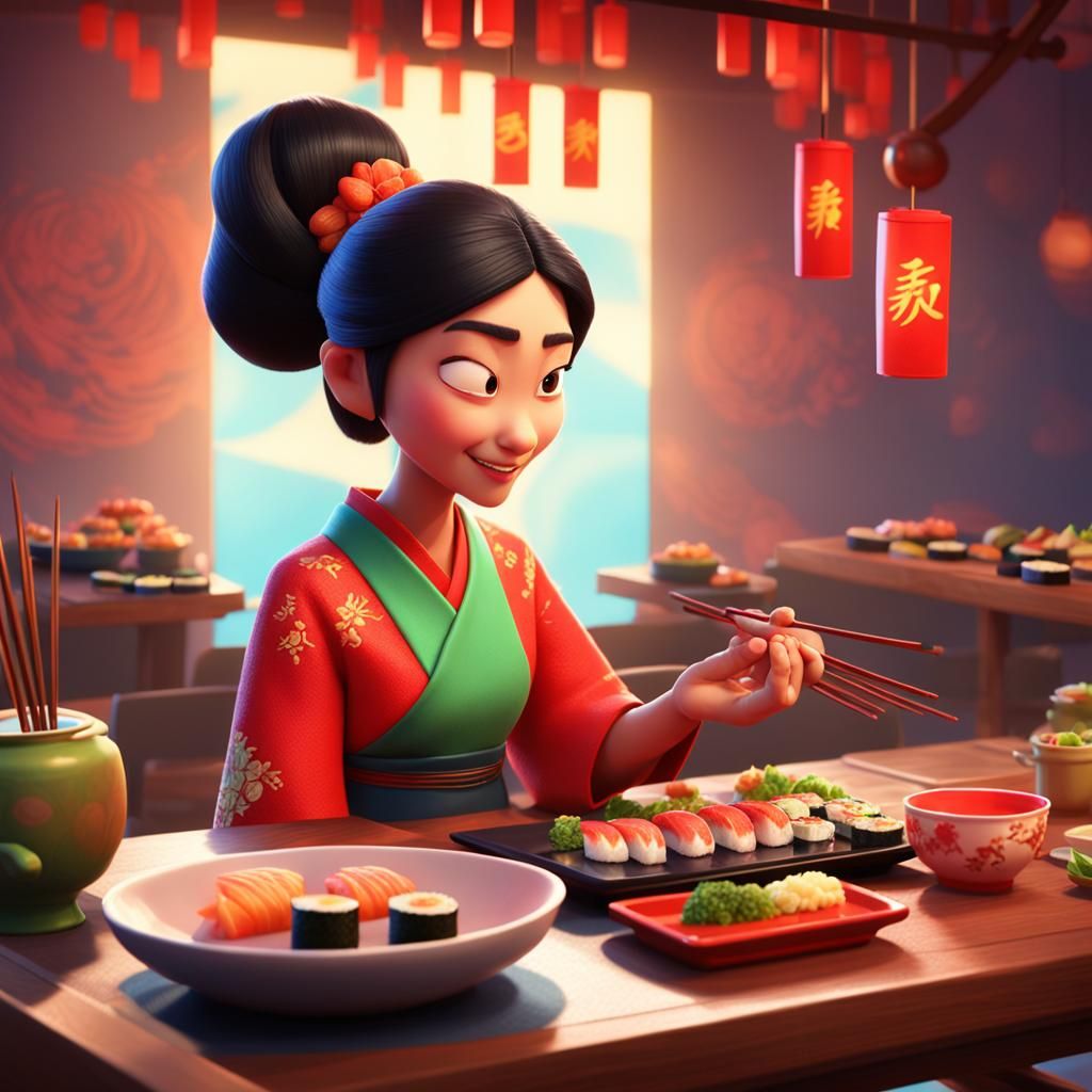 Chinese Woman Serving Sushi: Pixar-Style 3D Art