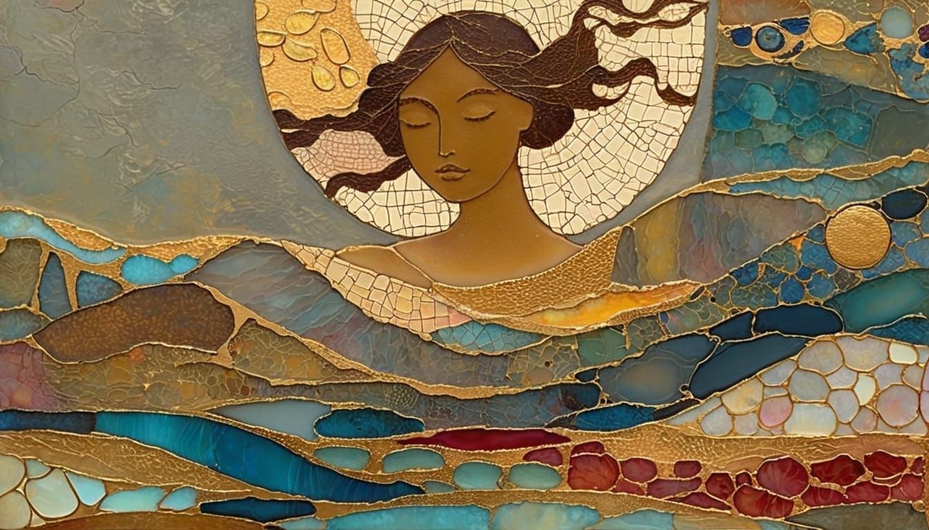 Cosmic Ocean Sunset in Vibrant Kintsugi Mosaic Style