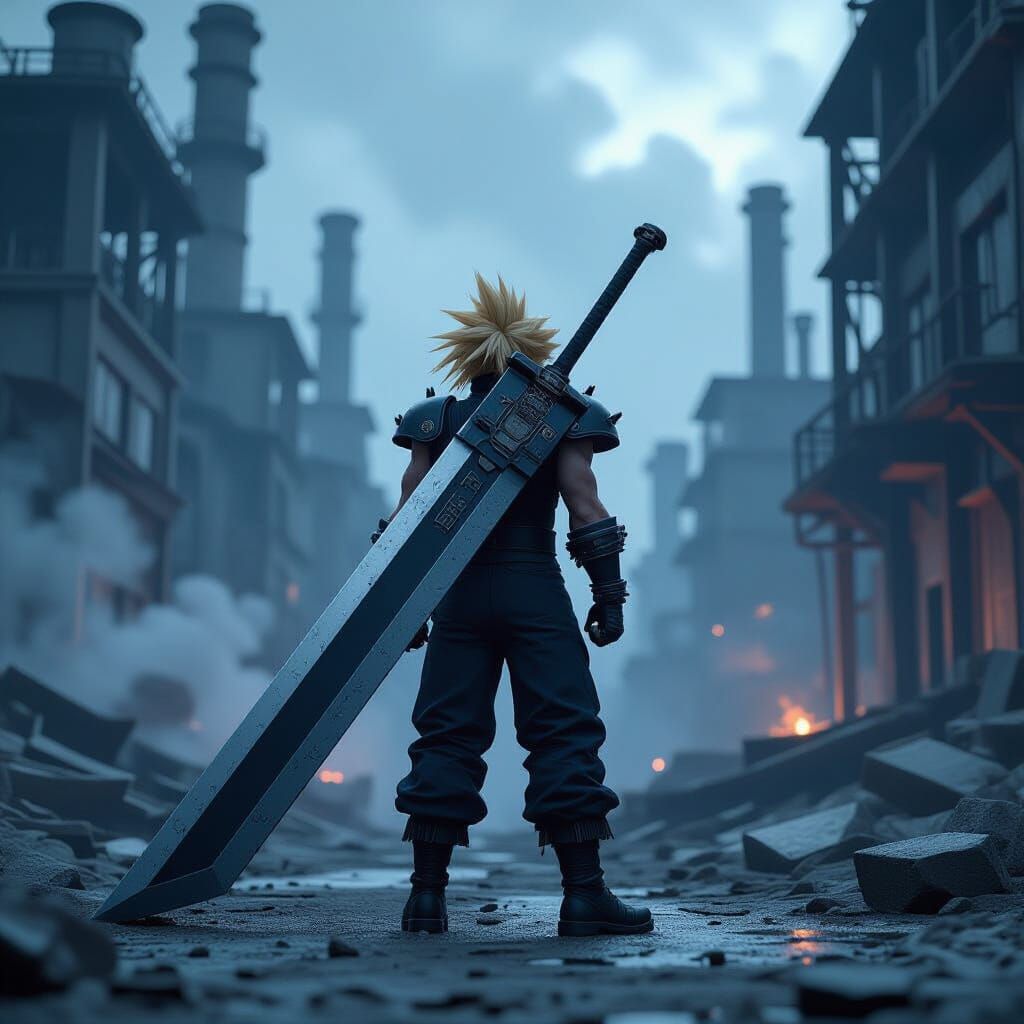 Cloud Strife in Ruined Factory City, 3D Anime Style