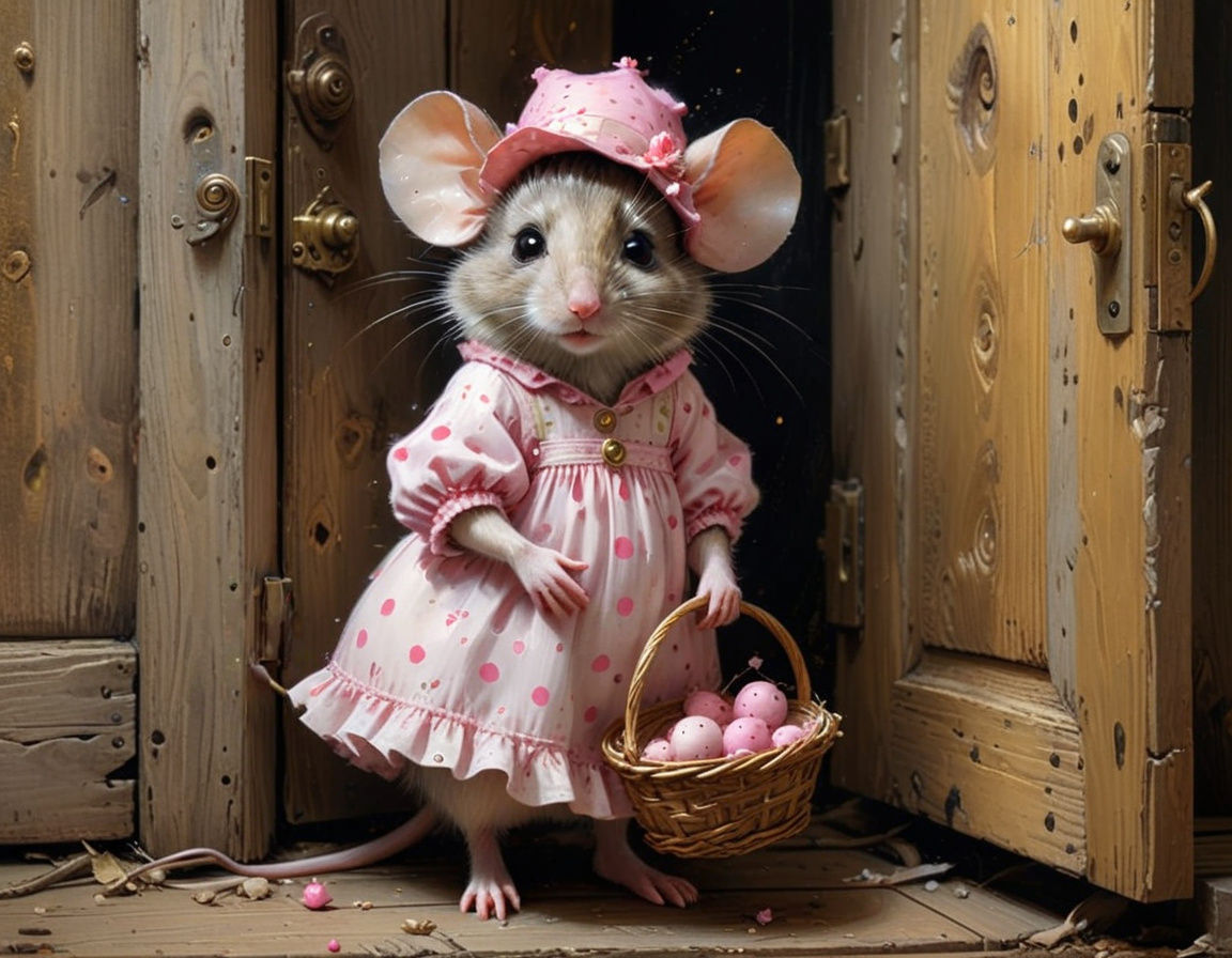 Cute Mouse in Dress with Basket Fine Art