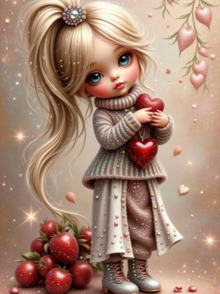 Cute Girl in Sparkly Sweater Holding Red Heart