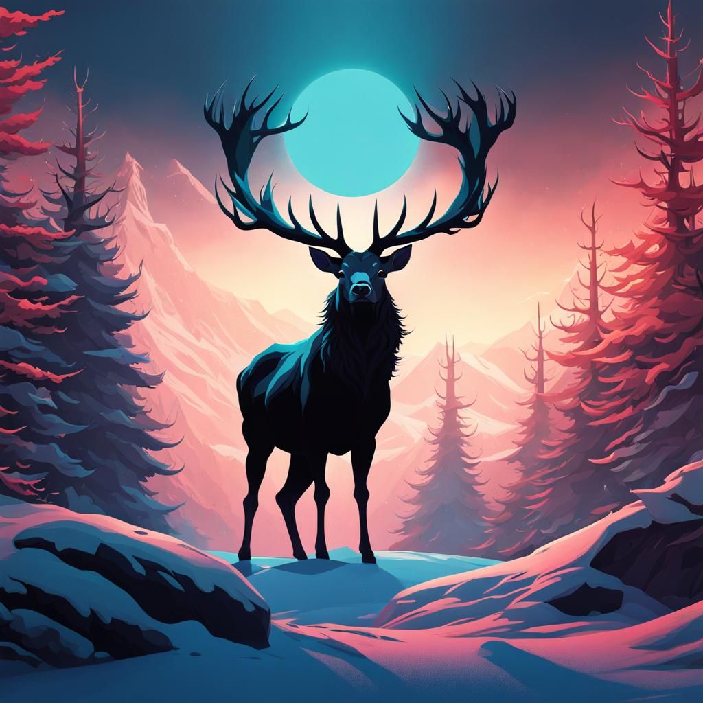 Stag Silhouette Roaring in Winter Wilds, Surreal Digital Art