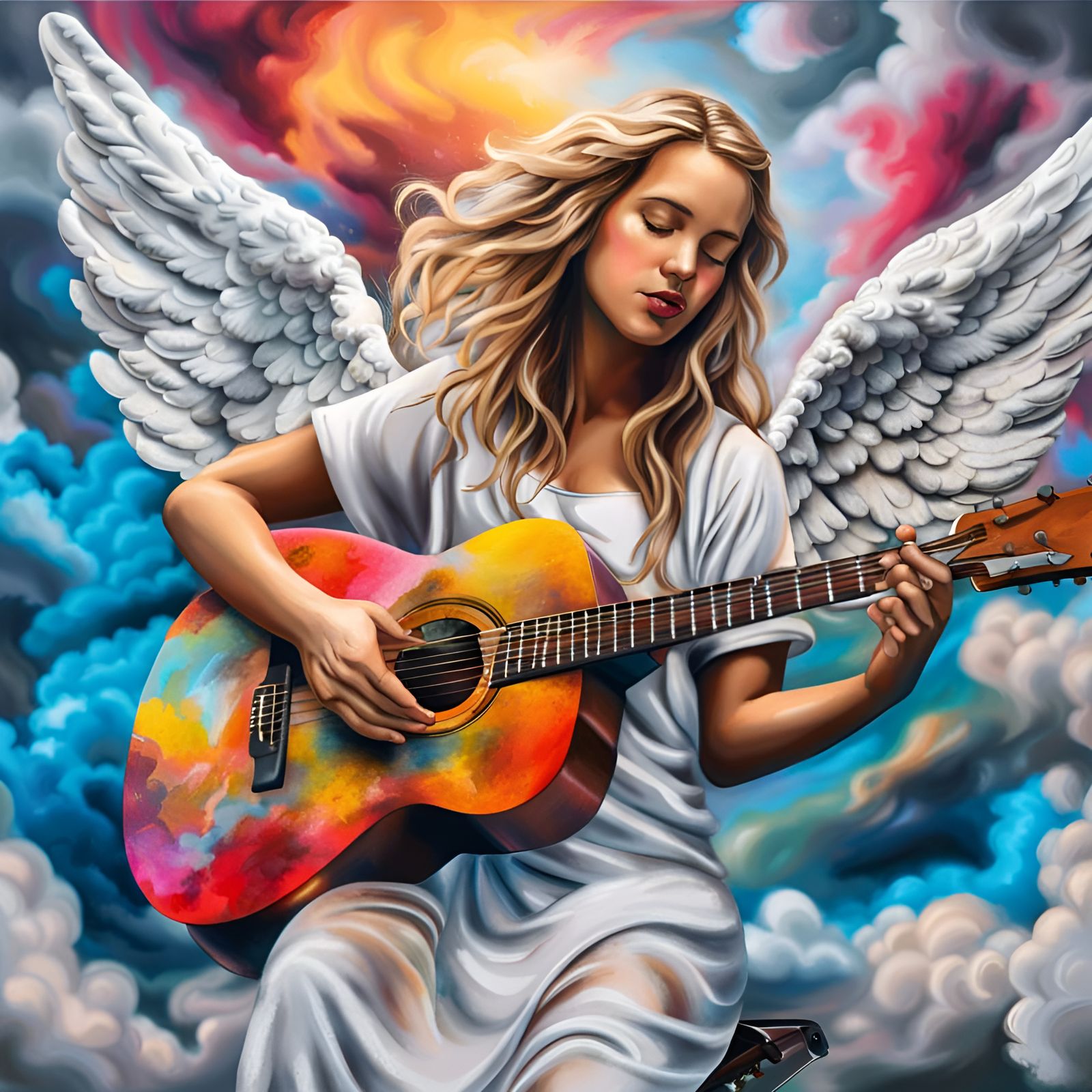 Angel Plays Guitar in Clouds: Hyperrealistic Graffiti Art