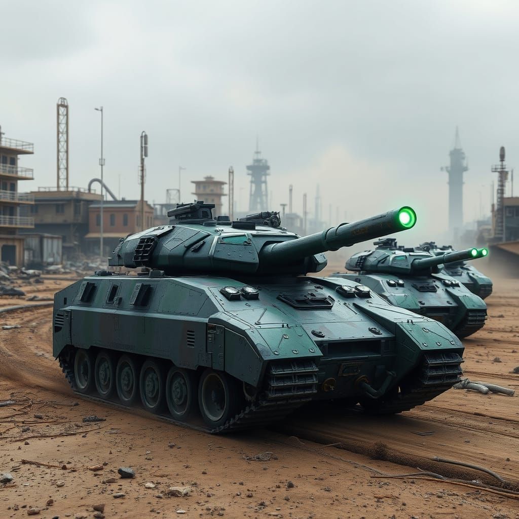 Futuristic Battle Tanks in Dystopian Urban Wasteland