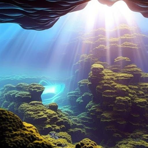 Submarine in Deep Ocean with Abstract Fractal Lights