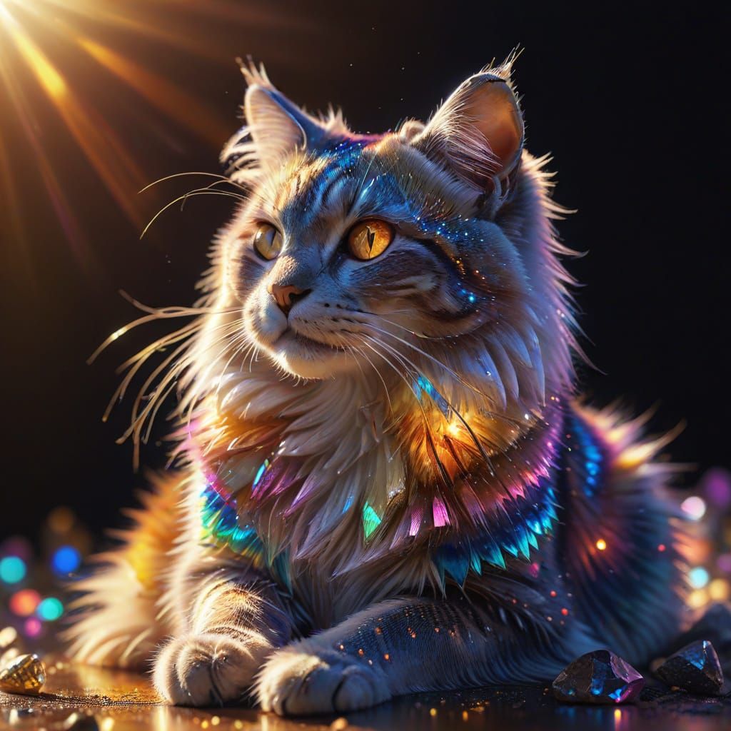 Crystal Cat in Spotlight with Rainbow Reflections